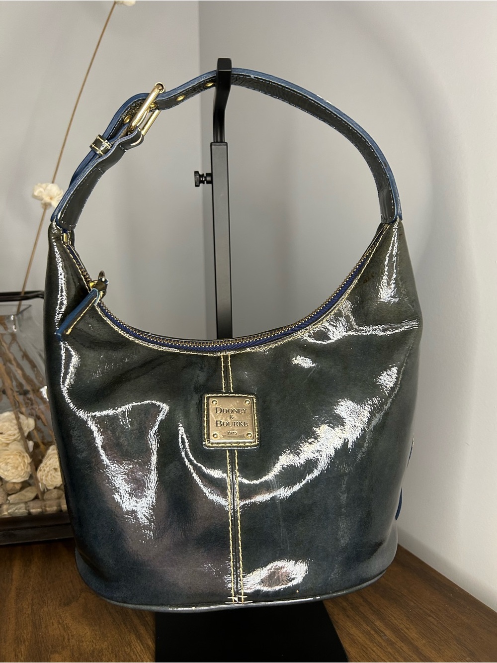 Vintage Dooney & Bourke Dark Green Patent Shoulder Bag with Gold Hardware Y2K